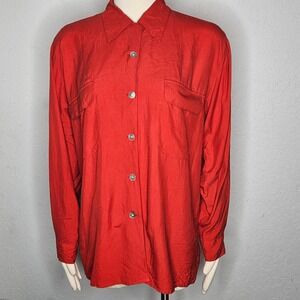 Vintage Silk House Red 100% Silk Button Up Shirt Long Sleeve Pocket Size‎ L